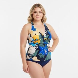 Lands End Womens Floral Tankini Top Blue Yellow V-Neck Cross Back Size L 14-16
